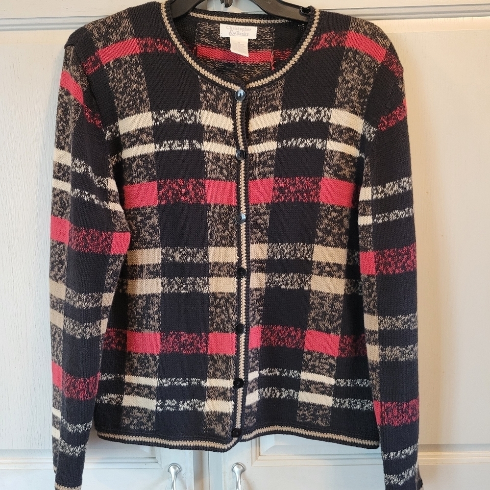 Christopher & Banks Red Black Tan Cream Plaid Button Front Knit Cardigan